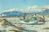 Giuseppe (Catty) Cattaruzza, Fishermen on Longbeach, Kommetjie, oil on canvas laid down on board