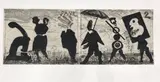 William Kentridge, Dada Picnic, 2019, sugarlift aquatint and drypoint on handmade Phumani sisal on Revere Silk paper