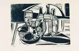 Cecil Skotnes, Still Life with Wine Bottles, woodcut print on paper