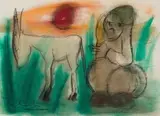 Man and Donkey by Frans Claerhout, charcoal and watercolour on paper laid down on board, offered Dec 2024