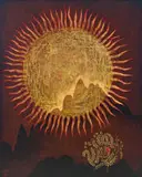 Raymond Andrews, Mountain and Sun, painted and incised wood panel