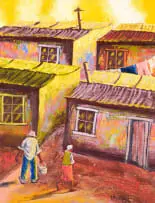 Street Scene with Two Figures Amongst Houses by Velaphi (George) Mzimba, oil on paper, sold Dec 2024