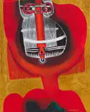 Cecil Skotnes, Head, carved, incised and painted woodblock mounted on a bronze plate, in the artist's hand-made frame