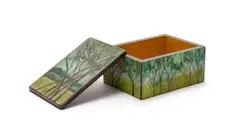 Alice Goldin, Ornamental Artist Box with Landscape of Trees, painted, carved and incised wood