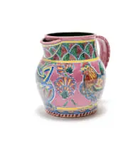 Ian Calder, Jug with chicken and floral motif, painted and glazed ceramic