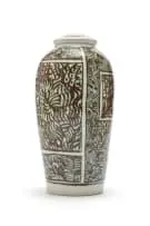 White urn with lid and brown patterning by Esias Bosch, painted and glazed ceramic, sold Dec 2024