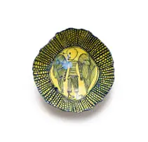 Plate with winged skeleton motif by Ruan Hoffmann, painted and glazed ceramic, sold Dec 2024