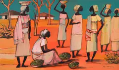 Jan Dingemans, A Group of Women with Fruit Baskets, oil on board