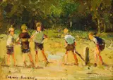 Children Playing Cricket by Adriaan Boshoff, oil on canvas laid down on board, sold Dec 2024