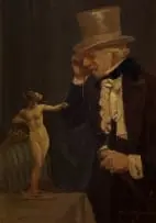 John Ferguson, Gentleman in a Top Hat Viewing a Sculpture, oil on board