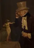 John Ferguson, Gentleman in a Top Hat Viewing a Sculpture, oil on board