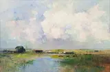 Errol Boyley, Landscape with Horses in a Field, oil on canvas laid down on board