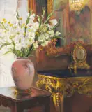 Interior Scene with Flowers in a Vase by Mari Vermeulen-Breedt, oil on canvas, sold Dec 2024