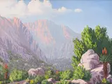 Vera Volschenk, Mountain Landscape with Aloes, oil on canvas laid down on board