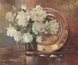 Lucy Mary Wiles, Still Life with White Roses in a Vase, oil on board