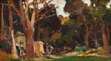 Farm Shed and Trees by Adriaan Boshoff, oil on canvas laid down on board, sold Dec 2024