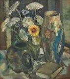 Piet van Heerden, Still Life with Flowers, Vases and a Book, oil on panel