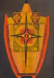 Geometric Abstract by Bettie Cilliers-Barnard, oil on board, sold Dec 2024