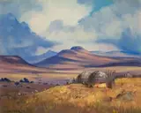 Landscape with Figures and Huts by Willem Hermanus Coetzer, oil on canvas, offered Dec 2024