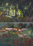 Cottages in a Forest; Sunlight in a Clearing, two by Titta Fasciotti, oil on board, offered Dec 2024