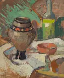 Gregoire Boonzaier, Still Life with Vessel, Bowl and Wine Bottle