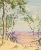 Mountainous Landscape with Women Carrying Sticks by Willem Hermanus Coetzer, watercolour on paper, offered Dec 2024