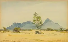 Landscape with Trees and Mountains by Erich Mayer, watercolour on paper, sold Dec 2024