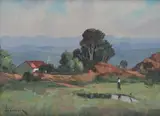 Landscape with a Figure and Trees near a Homestead by Willem Hermanus Coetzer, oil on canvas laid down on board, offered Dec 2024