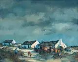 Mel Brigg, Houses and Figures in a Landscape, oil on board