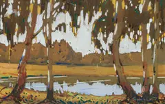 View of a Lake by Sydney Carter, gouache on card, sold Dec 2024