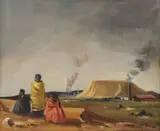 Maurice van Essche, Three Figures in Front of a Mine, oil on board