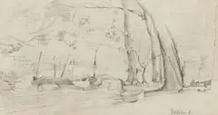 Anthony Strickland, Farm Landscape with Duck, pencil on paper laid down on board
