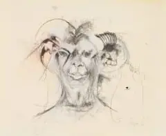Michael Costello, Head with Animal Horns, mixed media on paper