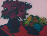 Jan Neethling, Still Life Flowers and Fruit, acrylic on board