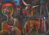 Abstract Figure with Goat by Martin Qgibinsizi Tose, mixed media on a paper, sold Dec 2024