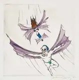 Beezy Bailey, Flying Male Figure, hand-coloured etching on paper