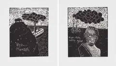 Bye Pharaoh; Then They Were Gone, two by Colbert Mashile, linocut on paper, offered Dec 2024