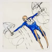 Beezy Bailey, Figure On Stilts, hand-coloured etching on paper