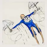 Beezy Bailey, Figure On Stilts, hand-coloured etching on paper
