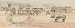 Durant Sihlali, Rhinoceros and Zebra in a Landscape, watercolour on paper