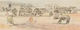 Durant Sihlali, Rhinoceros and Zebra in a Landscape, watercolour on paper