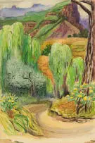 Edith King, Drakensberg Mountains Willows with Roadway (Cathedral Peak), watercolour on paper