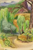 Edith King, Drakensberg Mountains Willows with Roadway (Cathedral Peak), watercolour on paper