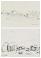 David Botha, Houses in a Landscape, two, (1) charcoal on paper (2) koki pen on paper