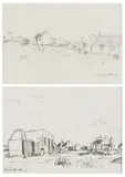 David Botha, Houses in a Landscape, two, (1) charcoal on paper (2) koki pen on paper