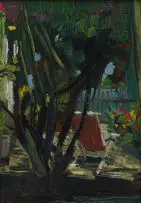 Freida Lock, Deck Chair in Shade (recto); Woman Working with a Sewing Machine (verso), oil on copper plate