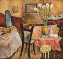 Wolf Kibel, Interior with Lilies, oil on board