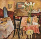 Wolf Kibel, Interior with Lilies, oil on board