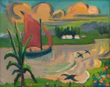 Maggie Laubser, Boat and Birds, oil on board