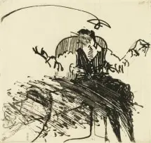 Domestic Scenes 31: Security II: Seated Man in Waistcoat with Lamp + Telephone (2 States) by William Kentridge, sugar-lift etching and drypoint on paper, offered Nov 2024